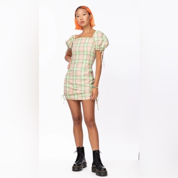 NWT Ragged Priest‎ Memory Cotton Mini Dress Green Pink Plaid XS - Picture 4 of 10